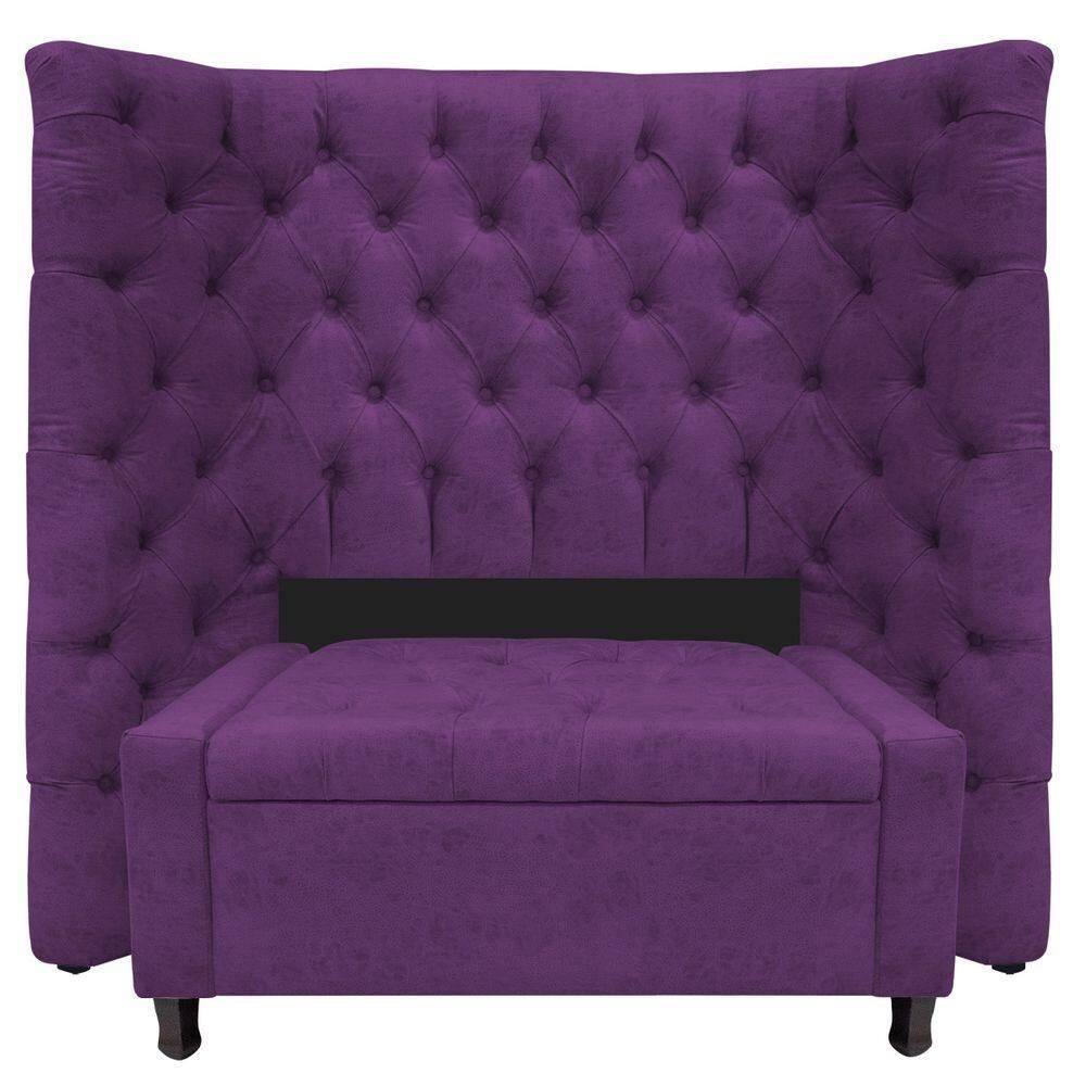 Kit Cabeceira e Calçadeira Baú Solteiro Everest P02 90cm Para Cama Box Suede Roxo