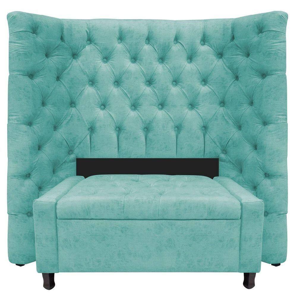 Kit Cabeceira e Calçadeira Baú Solteiro Everest P02 90cm Para Cama Box Suede Azul Tiffany