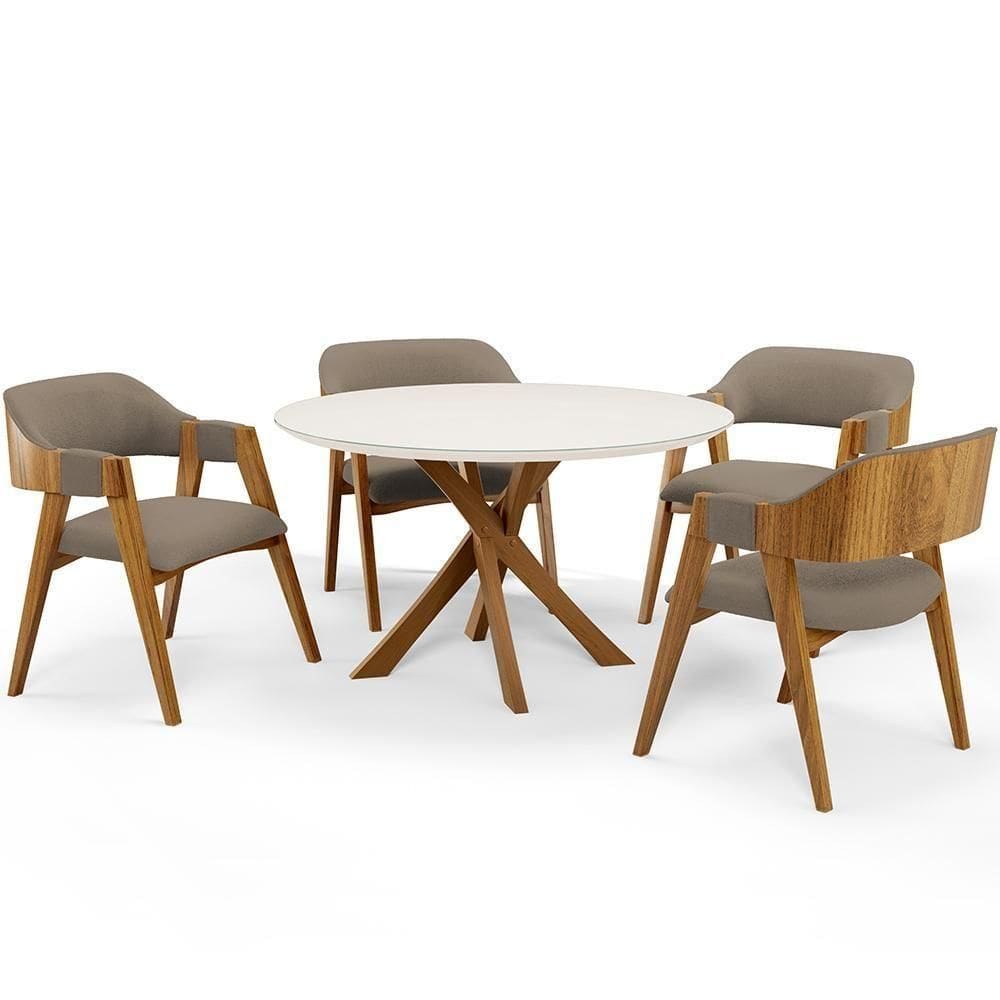 Mesa De Jantar Redonda Cora 120cm Off White M04 Com 04 Cadeiras Living Suran Bouclê Bege - Lyam