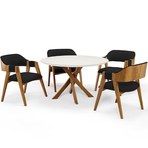 Mesa De Jantar Redonda Cora 120cm Off White M04 Com 04 Cadeiras Living Suran Bouclê Preto - Lyam