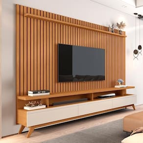 Conjunto De Sala Painel Ripado E Rack Roma Nature Off White