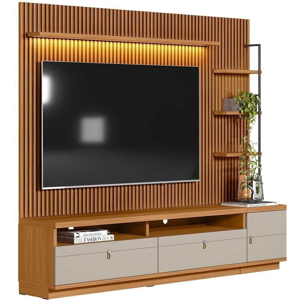 Rack Para Sala Com Painel Ripado Para Tv 75 Pol 224cm Orizon L05 Nature Off White - Lyam Decor