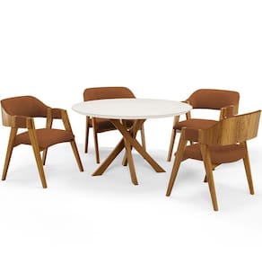 Mesa De Jantar Redonda Cora 120cm Off White M04 Com 04 Cadeiras Living Suran Bouclê Terracota - Lyam