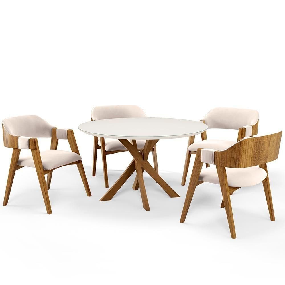 Mesa De Jantar Redonda Cora 120cm Off White M04 Com 04 Cadeiras Living Suran Suede Bege - Lyam