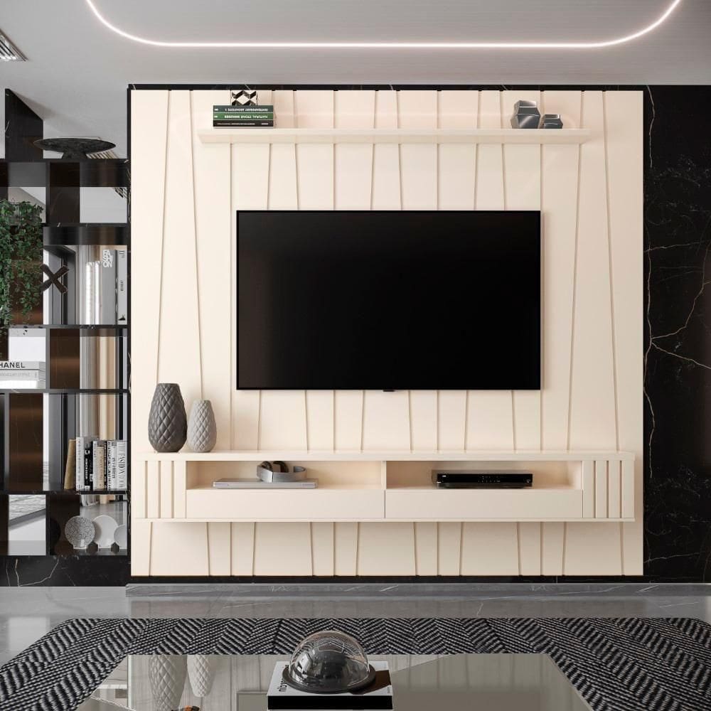 Painel Ripado Zigzag Para Tv Até 75 Polegadas Roma Com Nicho 225cm Cor:off White Off White