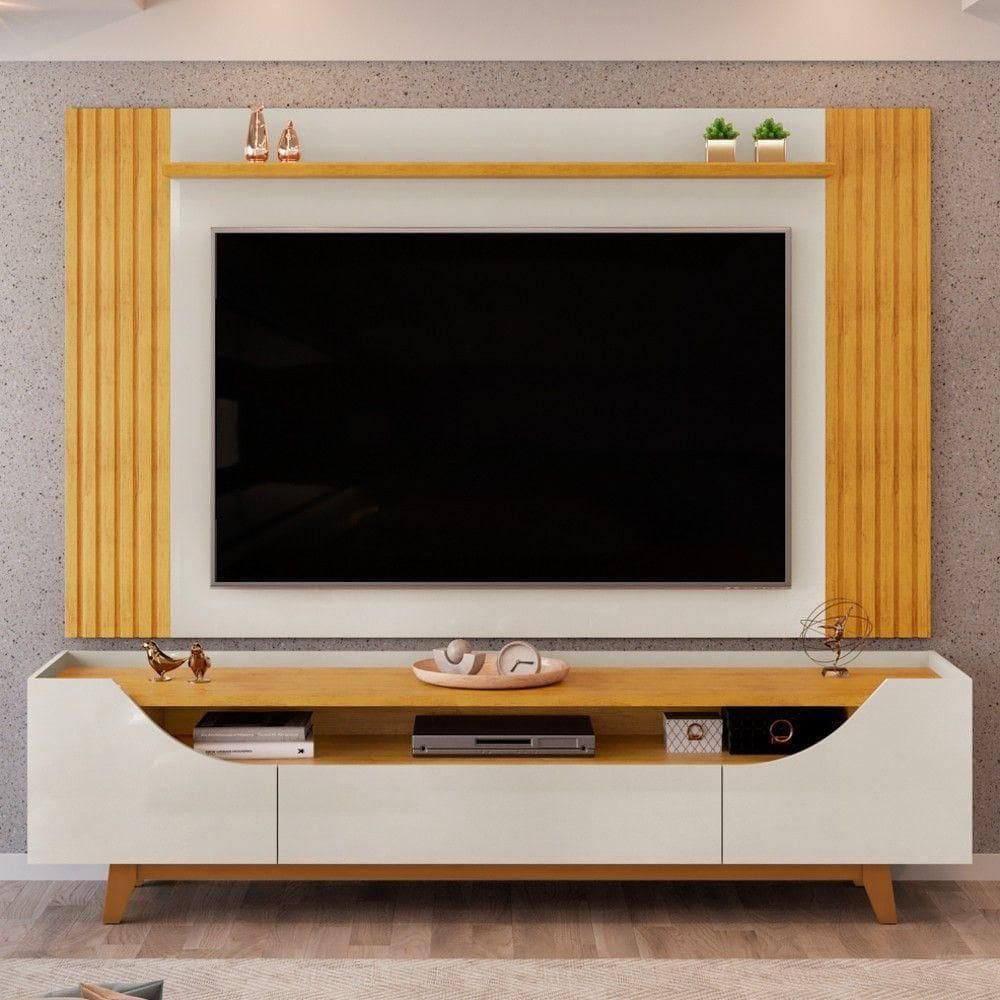 Painel Para Tv 75 Pol E Rack Bancada Ripado 218cm World D04 Cedro