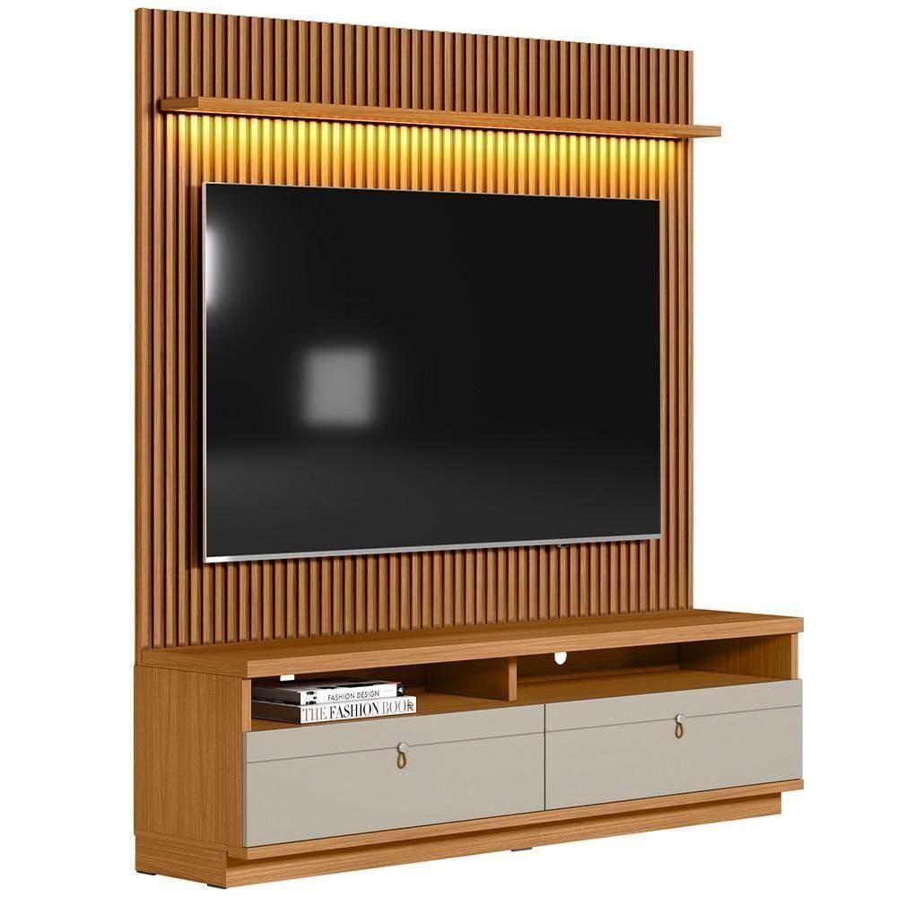 Rack Para Sala De Estar Com Painel Ripado Para Tv 75 Pol Orizon L05 Nature Off White - Lyam Decor