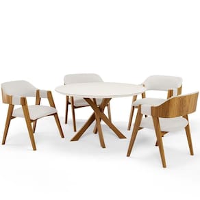 Mesa De Jantar Redonda Cora 120cm Off White M04 Com 04 Cadeiras Living Suran Bouclê Cru - Lyam