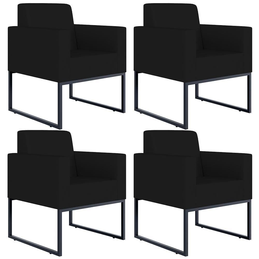 Kit 04 Poltronas Base Fixa De Metal Helô L02 Suede Preto