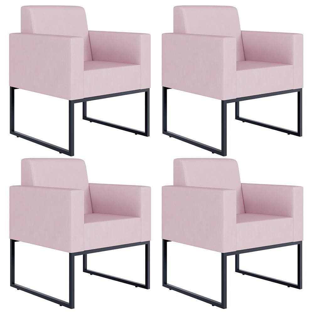 Kit 04 Poltronas Base Fixa De Metal Helô L02 Suede Rosê