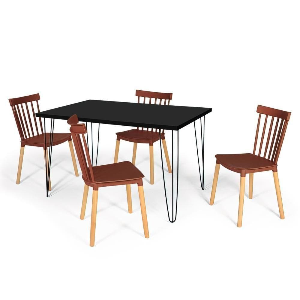 Conjunto Mesa De Jantar Hairpin 130x80 Preta Com 4 Cadeiras Eiffel Windsor - Marrom