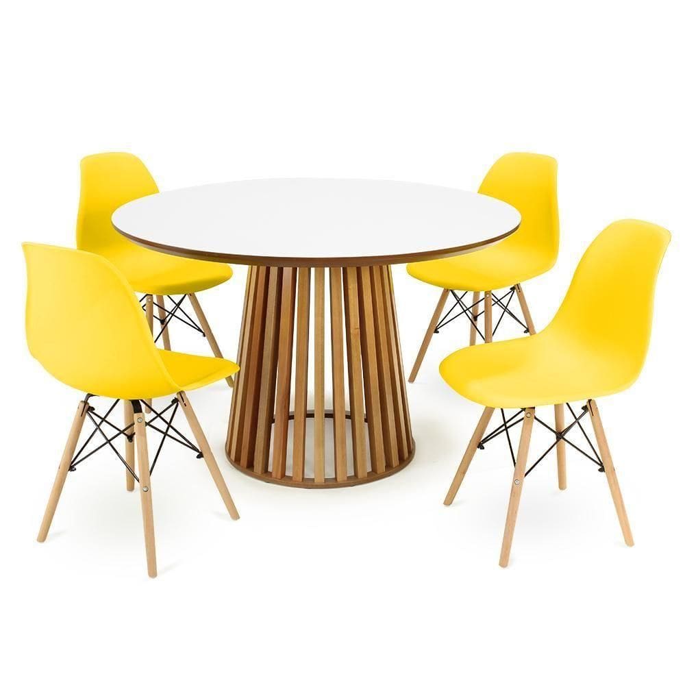 Conjunto Mesa De Jantar Redonda Luana Amadeirada Branca 120cm Com 4 Cadeiras Eames Eiffel - Amarelo
