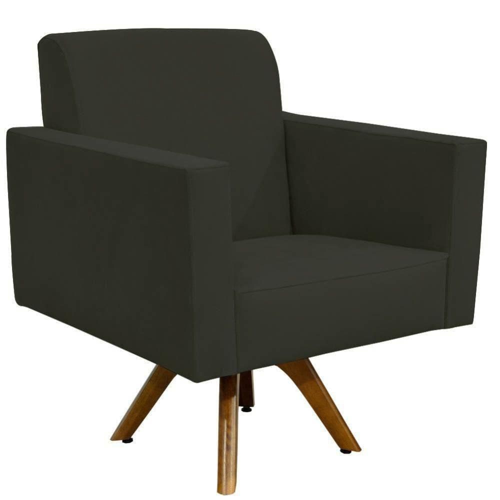 Poltrona Giratória Base De Madeira Suede Cinza