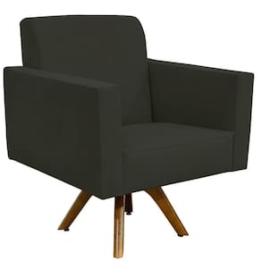 Poltrona Giratória Base De Madeira Suede Cinza