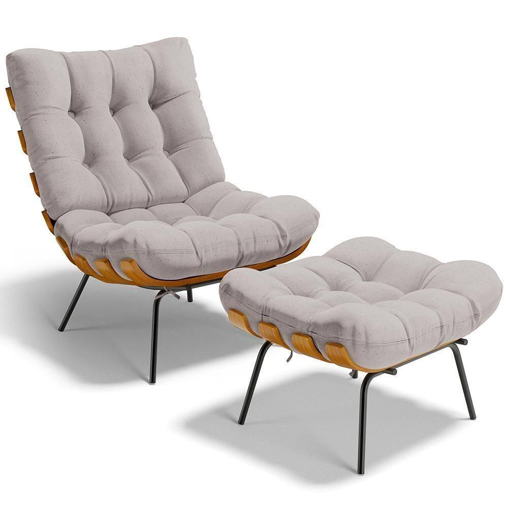 Poltrona Costela L02 Com Puff Linho Bege - Lyam Decor