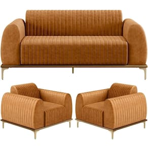 Kit Sofá 3 Lugares 180cm Com 02 Poltronas Molino Base Castanho Pés D`ouro D02 Couríssimo Whisky B-90 - Lyam Decor