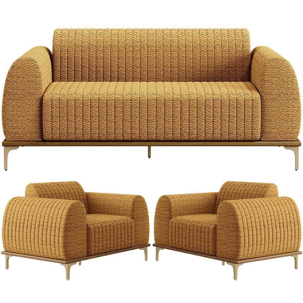 Kit Sofá 3 Lugares 210cm Com 02 Poltronas Molino Base Castanho Pés D`ouro D02 Bouclê Mostarda Pb-03 - Lyam Decor