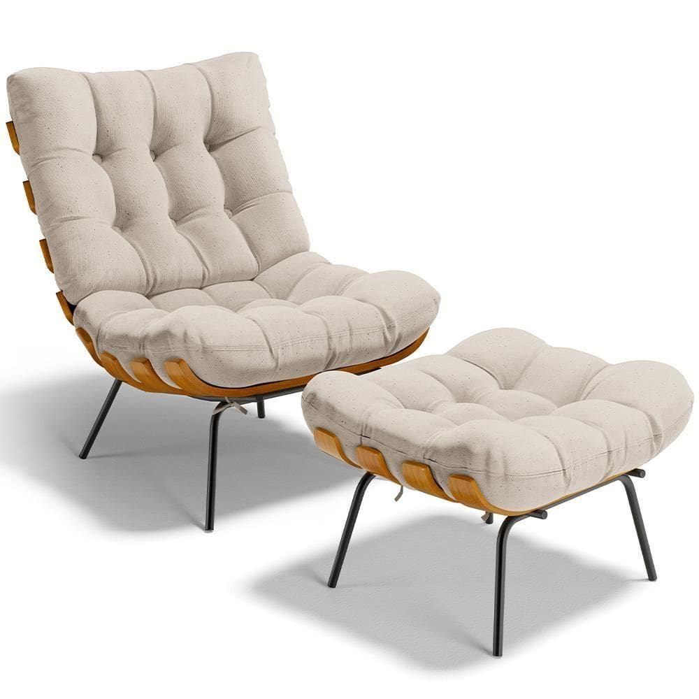 Poltrona Costela L02 Com Puff Linho Cru - Lyam Decor