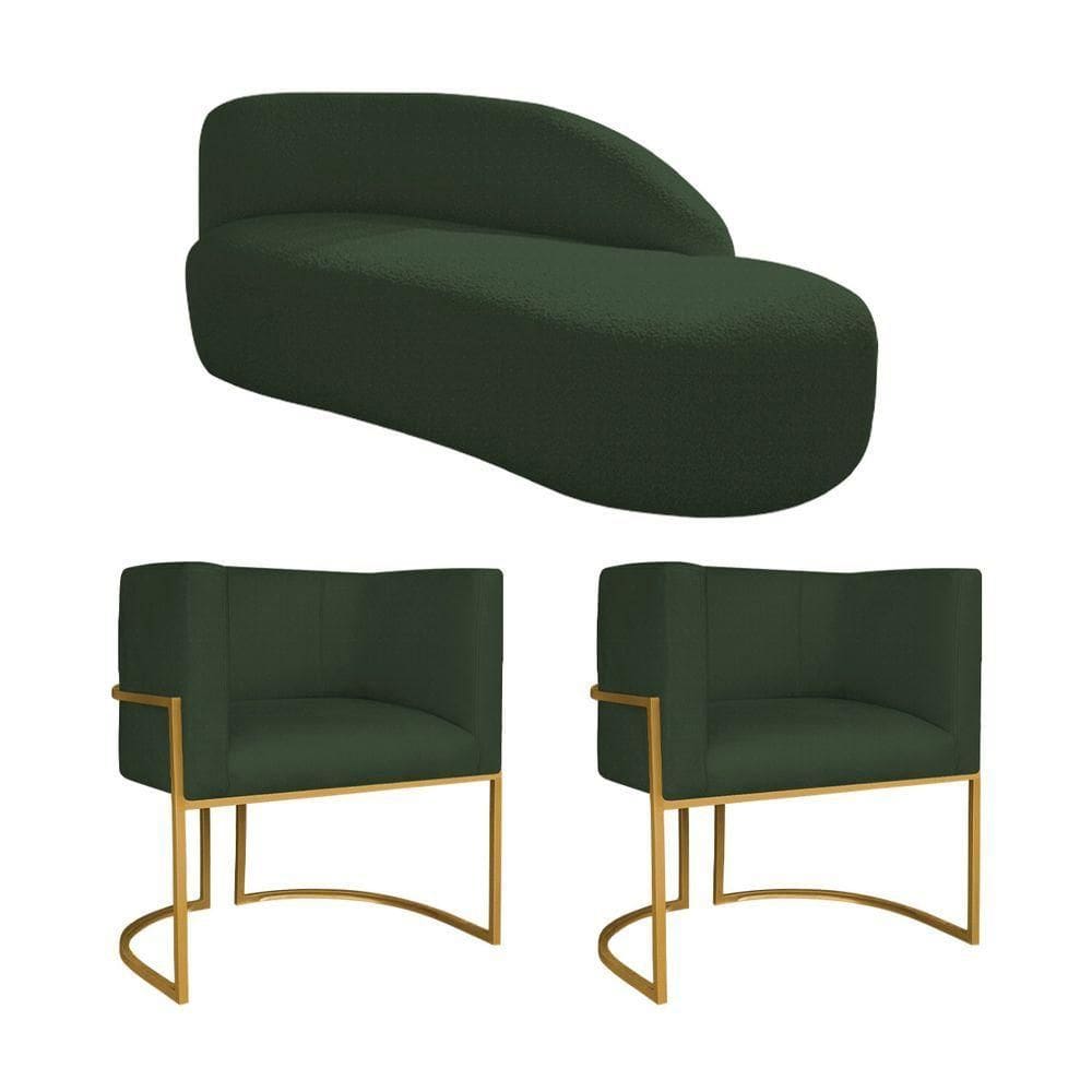 Kit Divã Luna 140cm Lado Direito E 02 Poltronas Base De Ferro Dourado Linho Verde