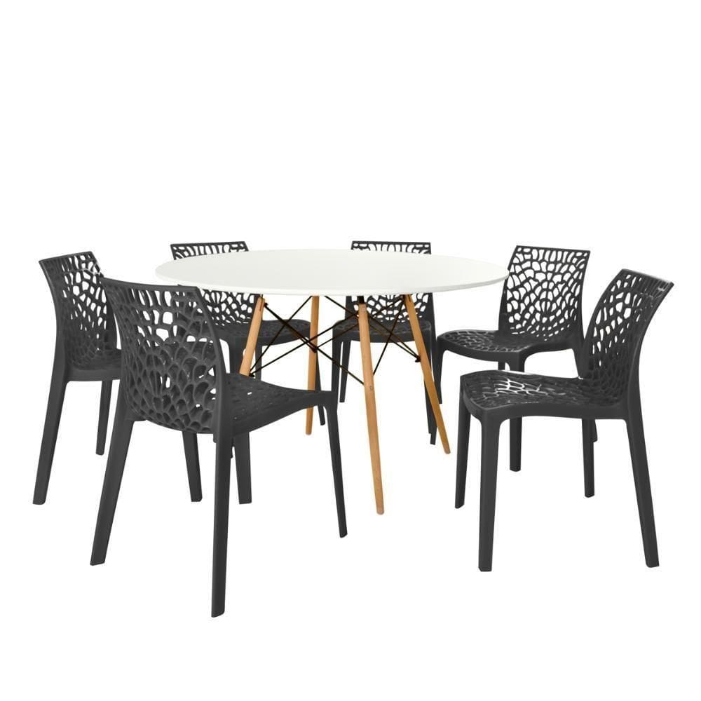 Conjunto Mesa De Jantar Redonda Eiffel Branca 120cm Com 6 Cadeiras Gruvyer - Preto