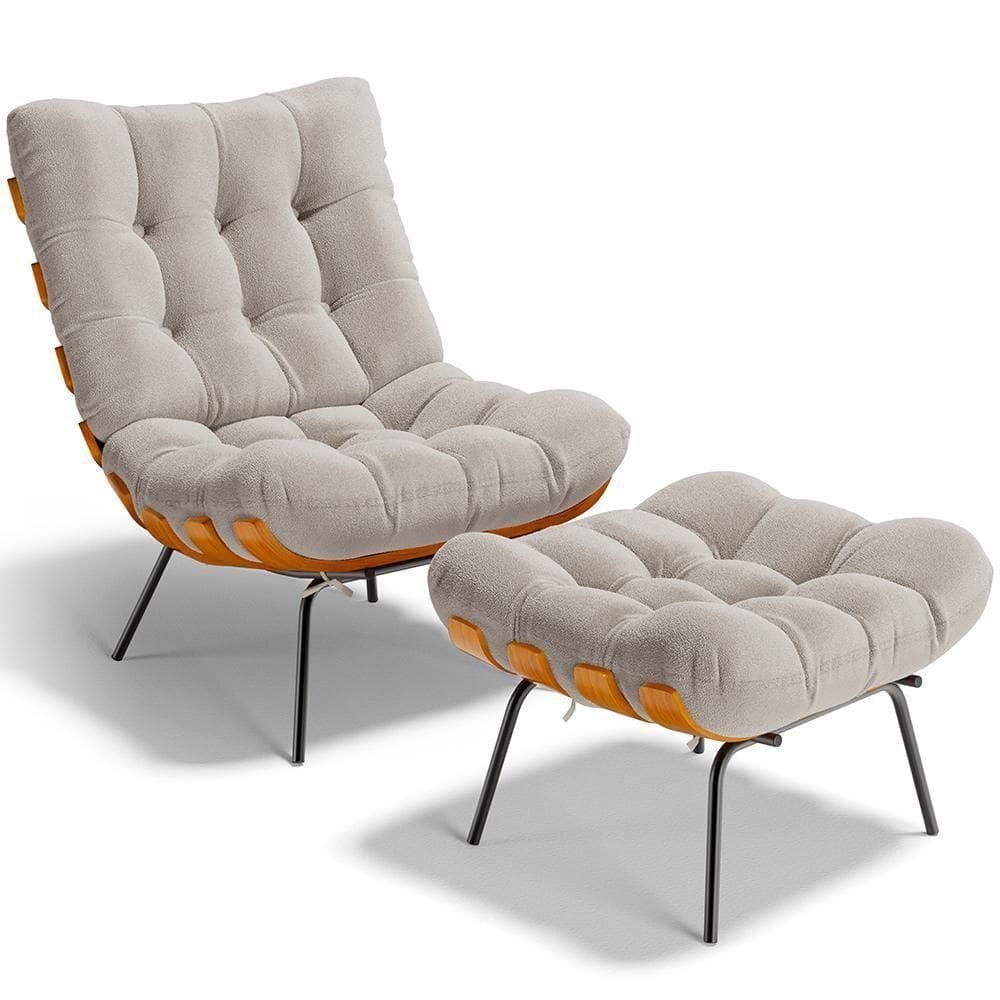 Poltrona Costela L02 Com Puff Bouclê Creme - Lyam Decor