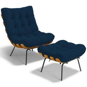 Poltrona Costela L02 Com Puff Suede Azul Marinho - Lyam Decor