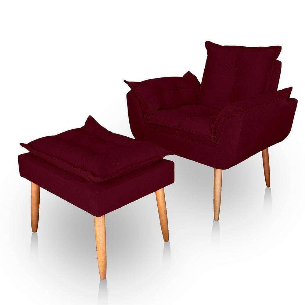 Poltrona Opala Para Sala Com Puff Reforçada Suede Bordo