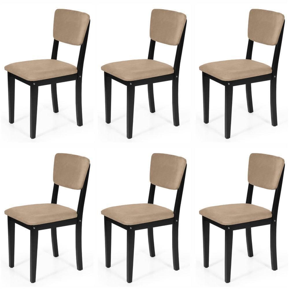 Conjunto 6 Cadeiras De Jantar Estofada Em Madeira Maciça Ella Preto/marrom Claro