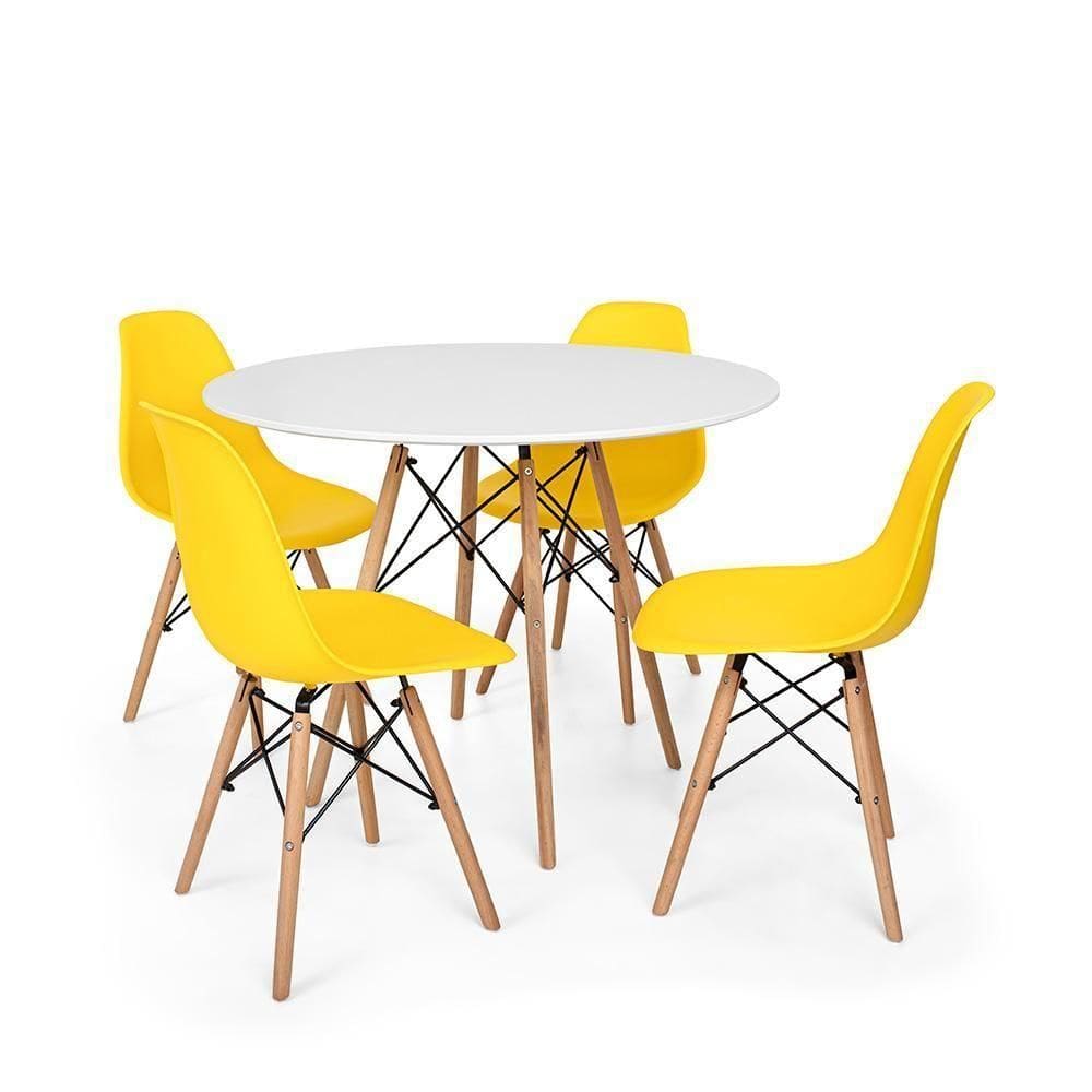 Conjunto Mesa De Jantar Redonda Solo Branca 90cm Com 4 Cadeiras Solo - Amarelo