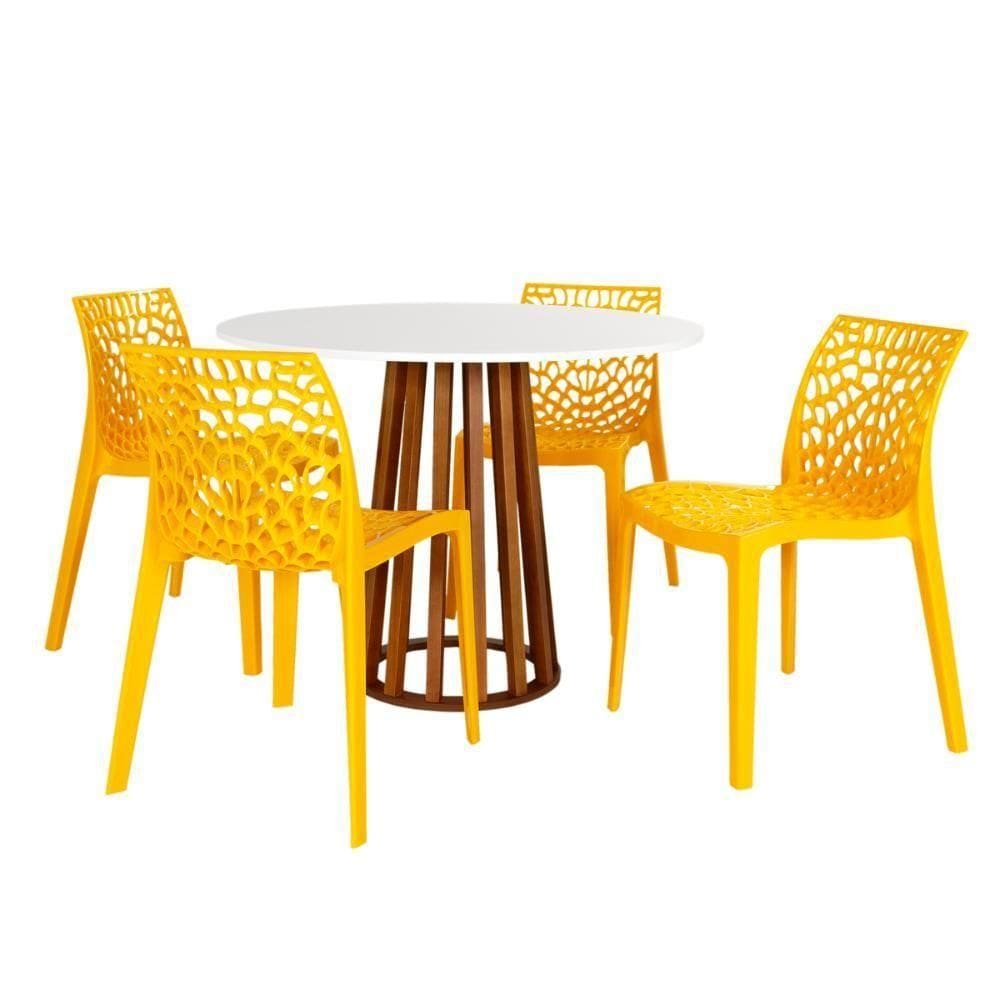 Conjunto Mesa De Jantar Redonda Talia Amadeirada Branca 100cm Com 4 Cadeiras Gruvyer - Amarelo