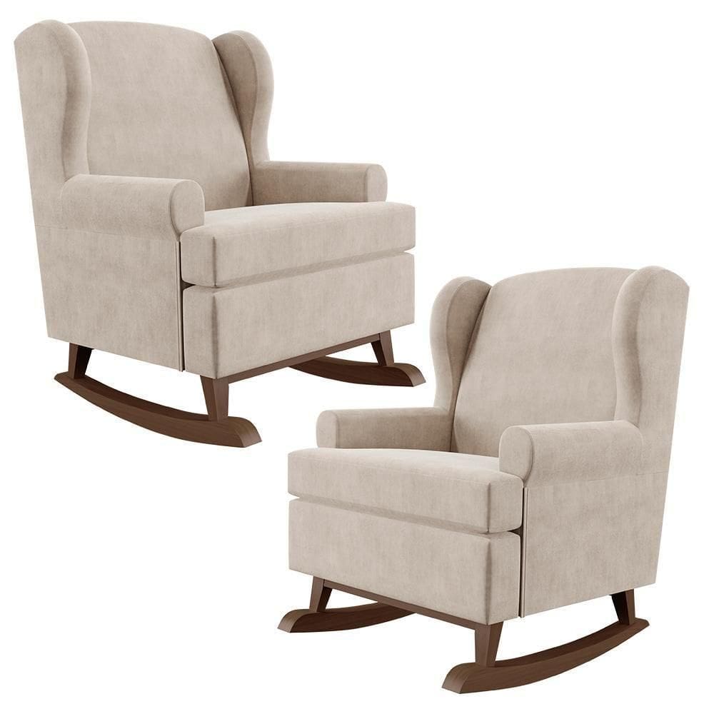 Kit 02 Poltronas Malu Base De Madeira P02 Suede Bege