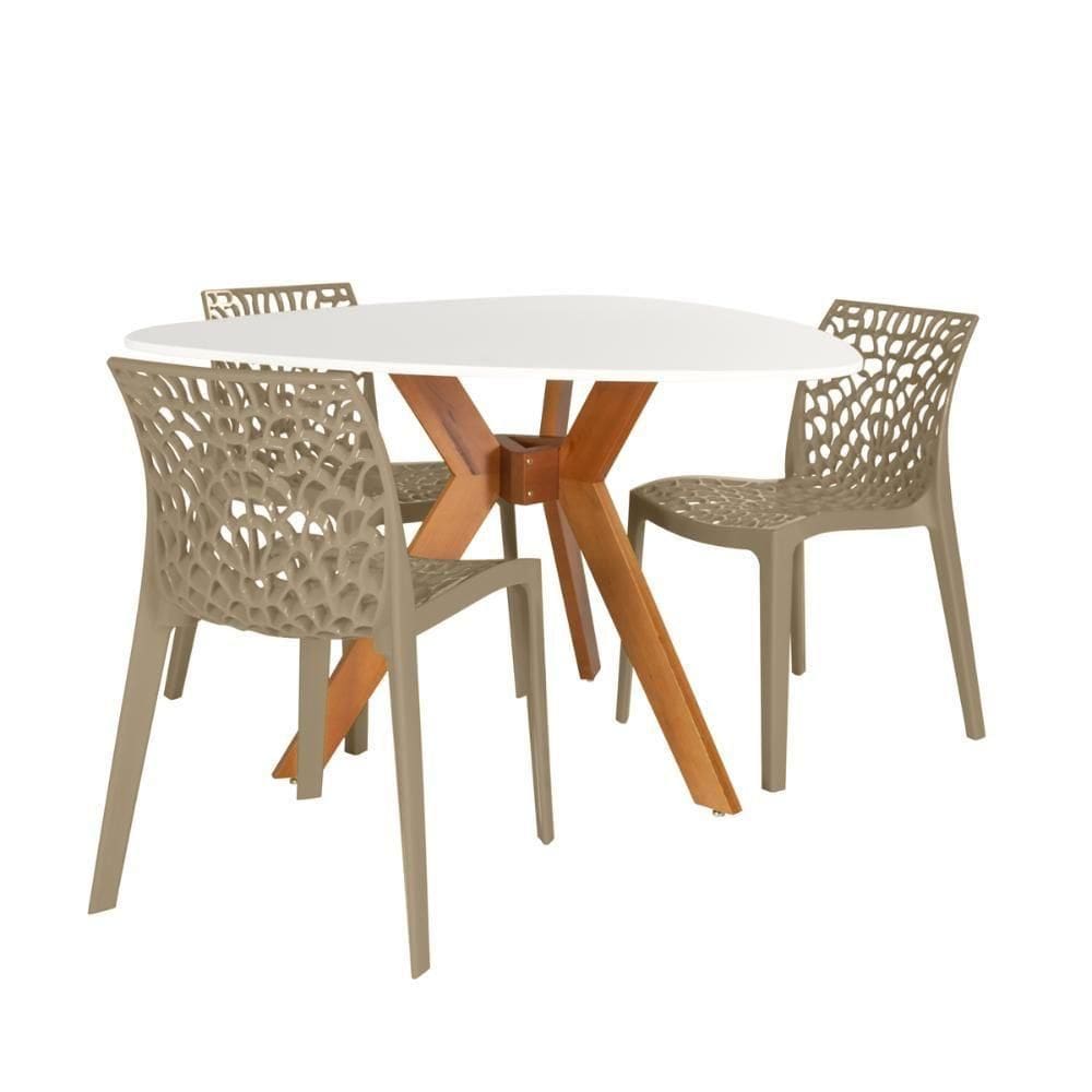Conjunto Mesa De Jantar Orgânica Nina 120cm Branca Com 3 Cadeiras Gruvyer - Nude