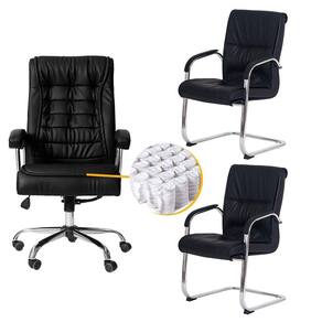 Kit Cadeiras De Escritório, 1 Cadeira Presidente Munique Big + 2 Fixas Preta - Waw Design