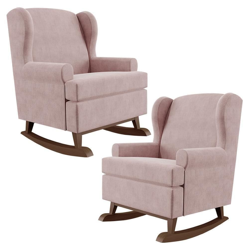 Kit 02 Poltronas Malu Base De Madeira P02 Suede Rosê
