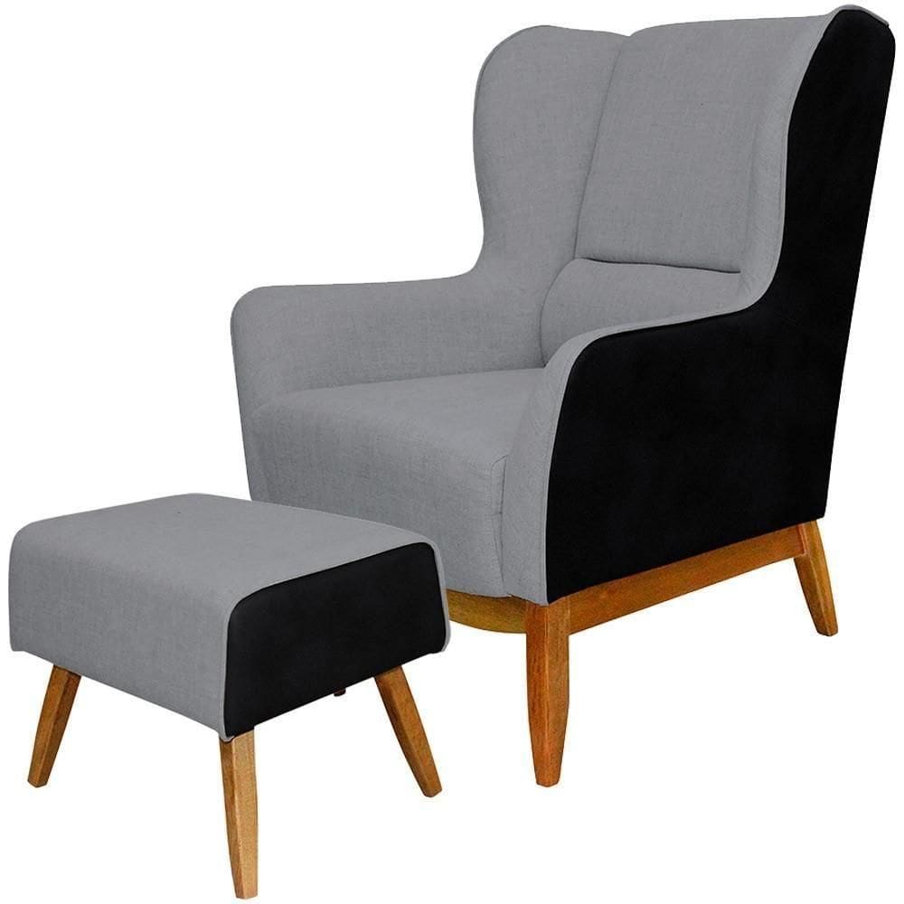 Kit Poltrona Com Puff Linho Cinza C-416 Corano Preto
