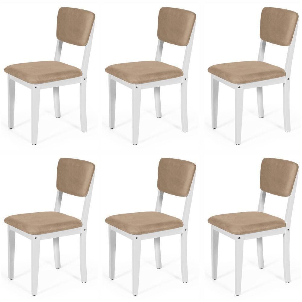 Conjunto 6 Cadeiras De Jantar Estofada Em Madeira Maciça Ella Branco/marrom Claro