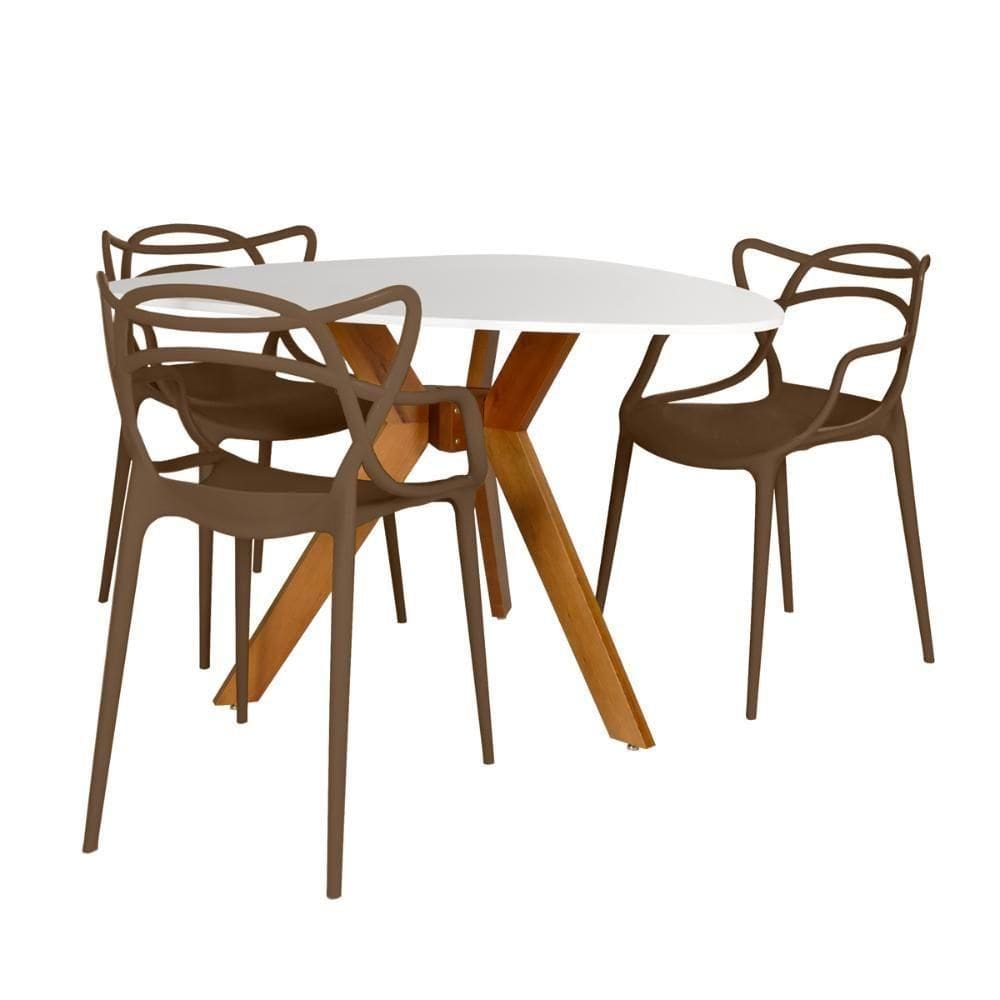 Conjunto Mesa De Jantar Orgânica Nina 120cm Branca Com 3 Cadeiras Allegra - Marrom