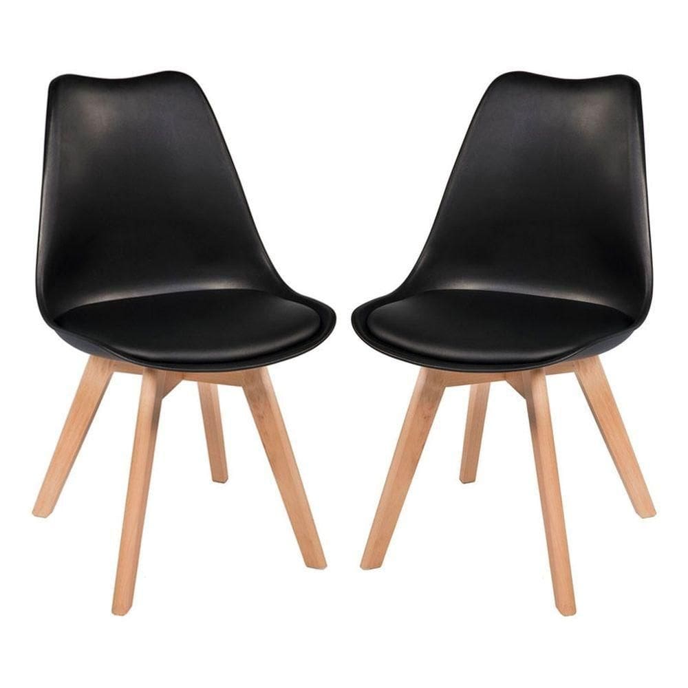 Kit 2 Cadeiras Charles Eames Estofada Base Madeira - Preta