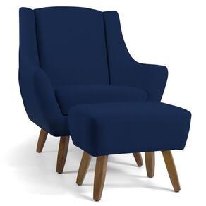 Poltrona Com Puff Pés De Madeira Veludo Azul Oxford C-304