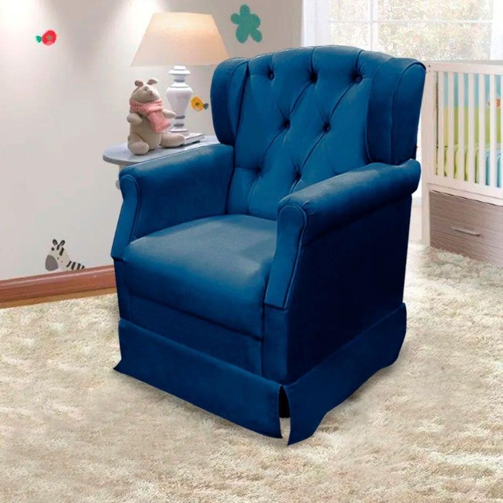 Poltrona Cadeira De Amamentação Balanço Ternura Veludo Azul - Speciale Home Veludo Azul