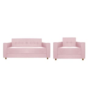 Kit Sofá 2 Lugares E Poltrona Denver Suede - Cor Rosa Bebê