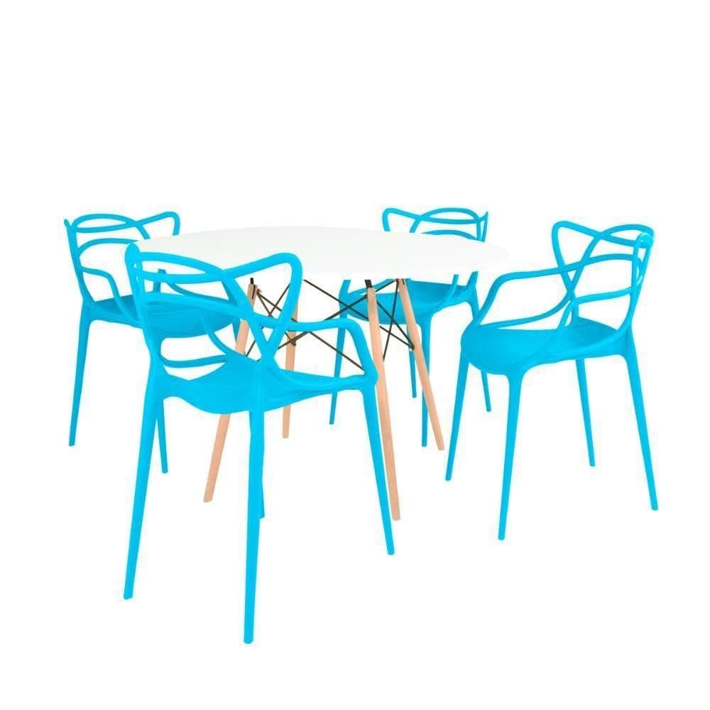 Conjunto Mesa De Jantar Redonda Eiffel Branca 120cm Com 4 Cadeiras Allegra - Azul