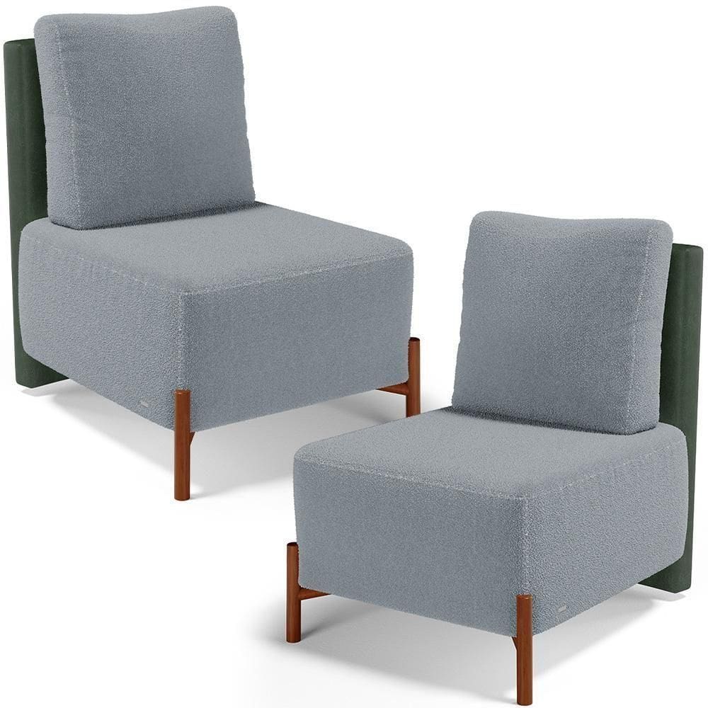 Kit 02 Poltronas Decorativas Sala De Estar Living Hungria L02 Couríssimo Verde Bouclê Cinza