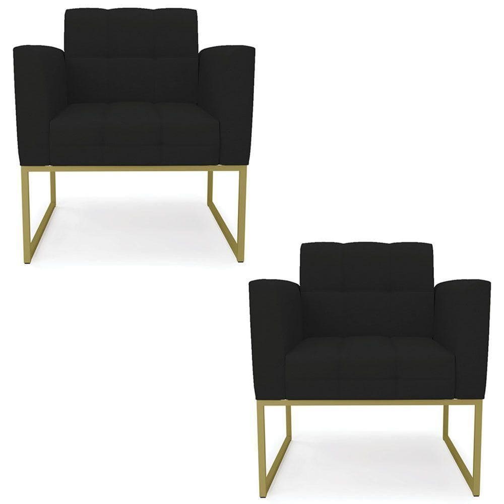 Poltrona Base Industrial Dourado Kit 2 Ana Linho Preto