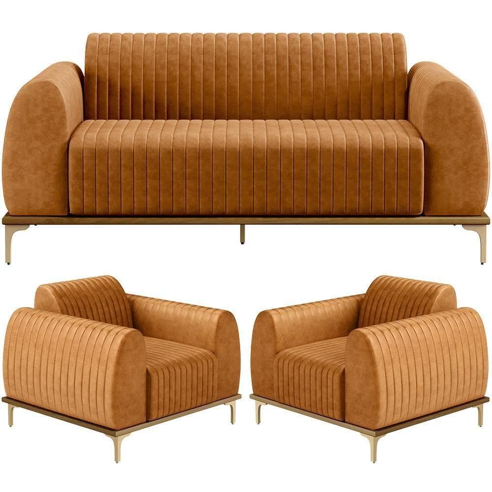 Kit Sofá 3 Lugares 210cm Com 02 Poltronas Molino Base Castanho Pés D`ouro D02 Couríssimo Whisky B-90 - Lyam Decor