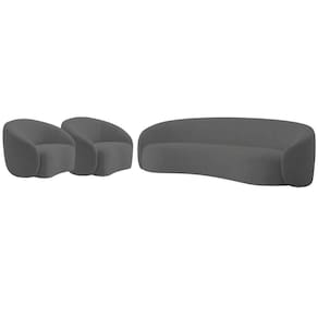 Kit Sofá 3 Lugares 200cm E 2 Poltronas Orgânica Luxo Recepção Amore Linho Cor Cinza Escuro