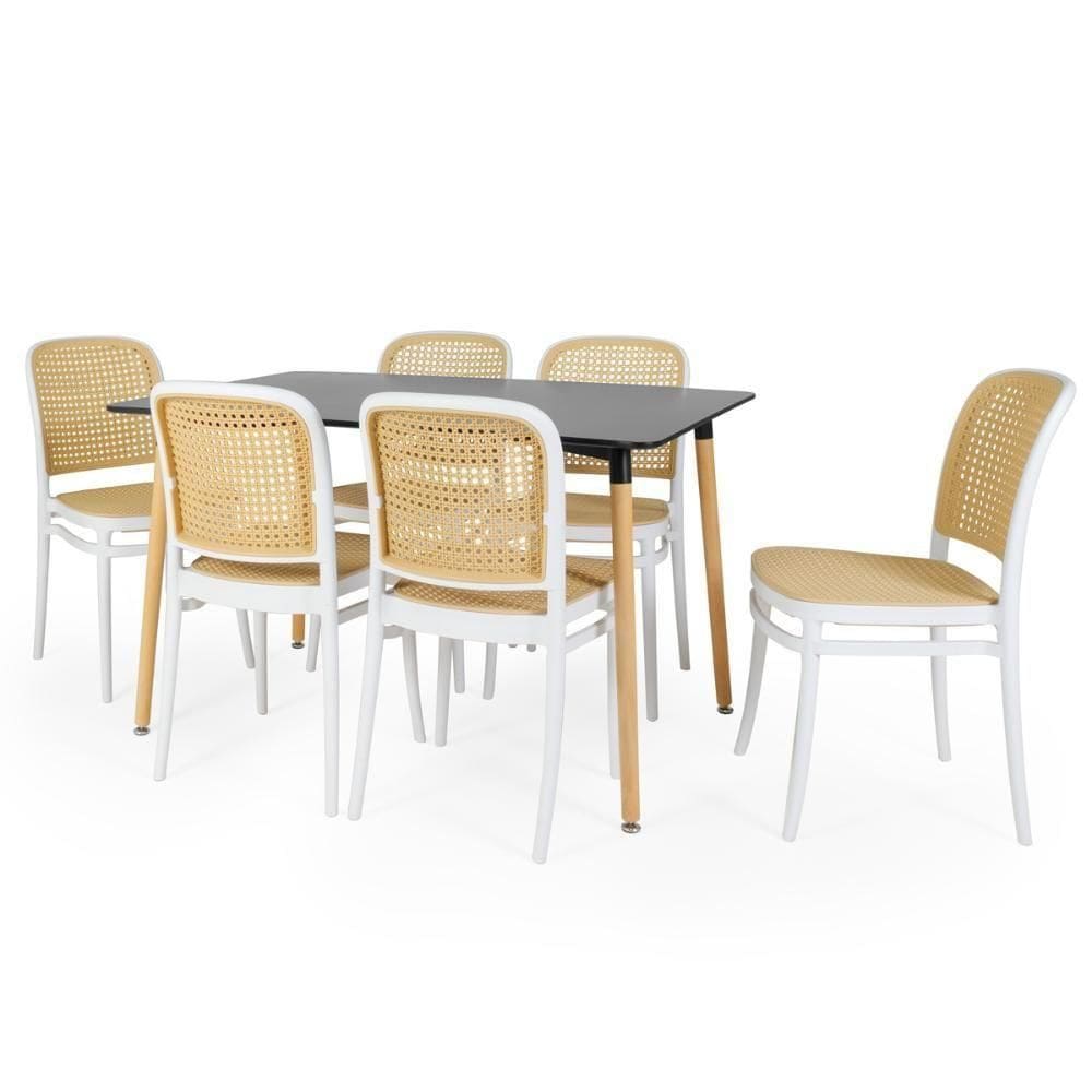 Conjunto Mesa De Jantar Retangular Eiffel Preta 120x80cm Com 6 Cadeiras Roma - Branco