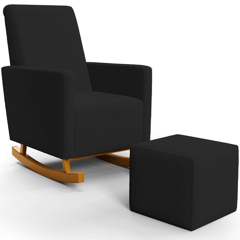 Poltrona De Amamentação Com Balanço E Puff Ravena W01 Bouclê Preto - Lyam Decor