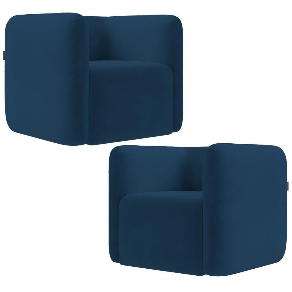 Kit 02 Poltronas Decorativas Para Sala De Estar Fixa Living Peônia K01 Veludo Azul Marinho