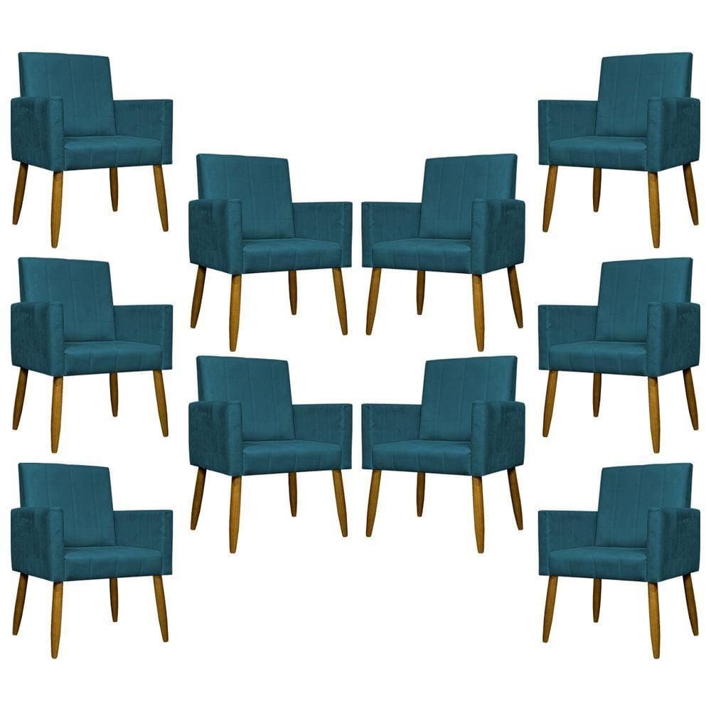 Kit 10 Poltronas Decorativas Mari Pé Palito Castanho - Azul-marinho Suede